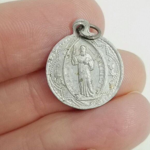 Vintage Saint Benedict Round Silver Tone Pendant Charm, Religious Medallion - Picture 6 of 7
